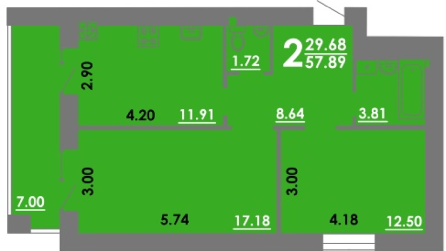 Планування 2-кімнатної квартири в ЖК Концепт 57.89 м², фото 179011