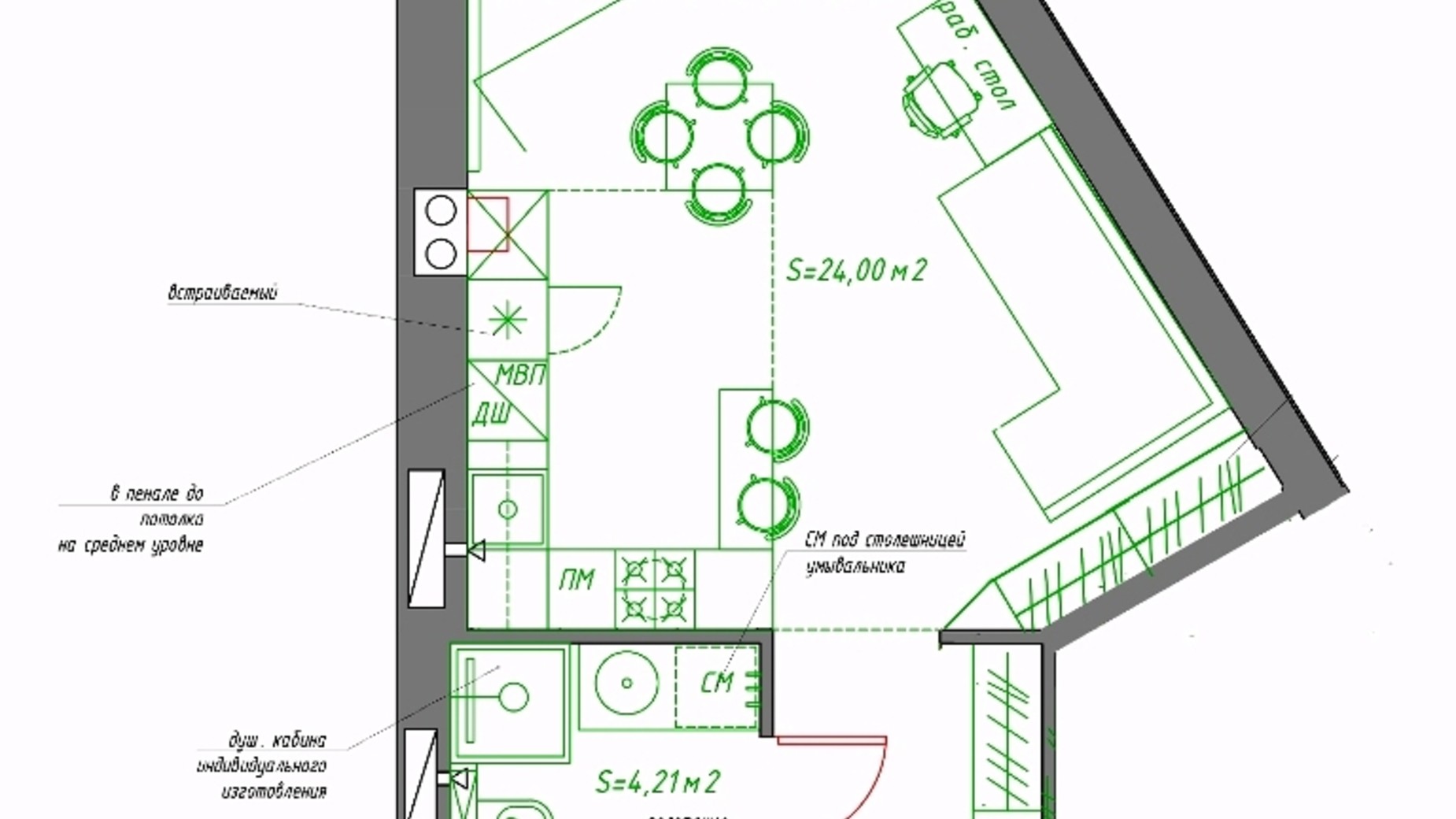 Планировка квартиры студии в ЖК Green Life 3 32 м², фото 179207