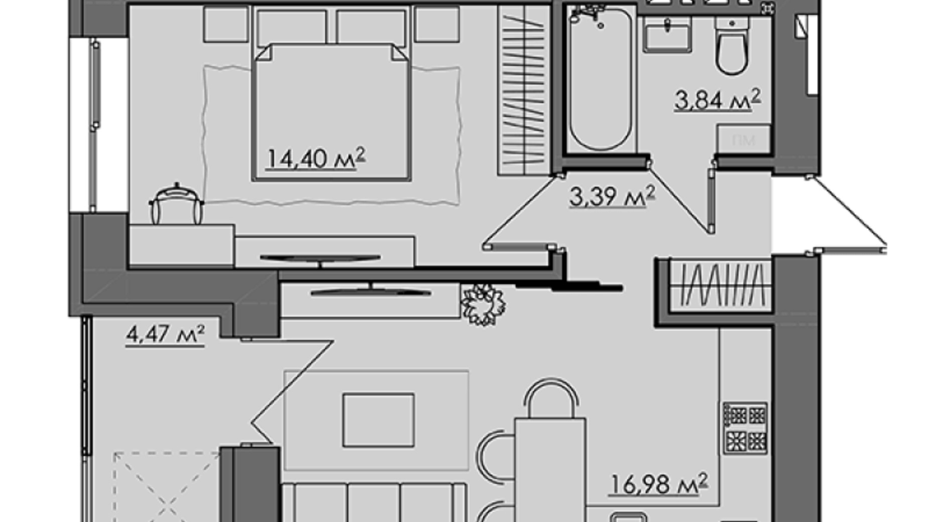 Планування 1-кімнатної квартири в ЖК Central City apartments 43.08 м², фото 179431