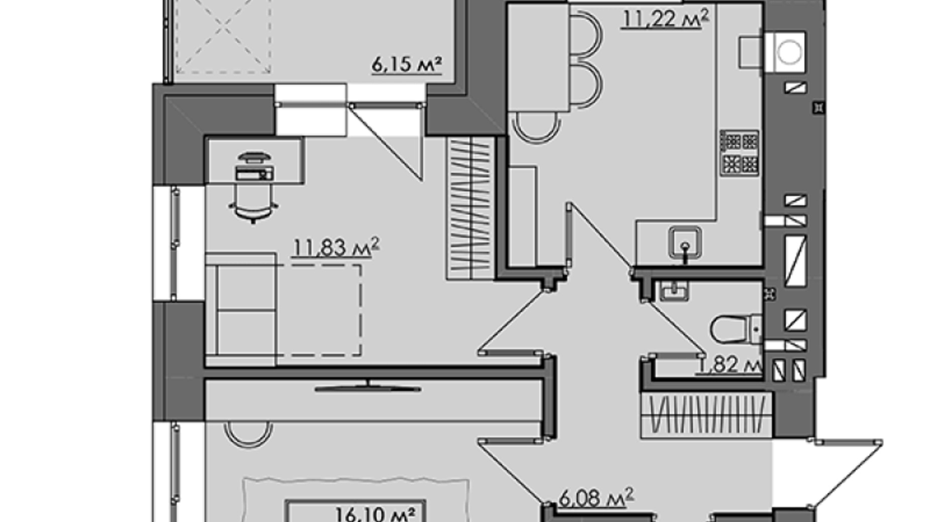 Планировка 2-комнатной квартиры в ЖК Central City apartments 57.02 м², фото 179432