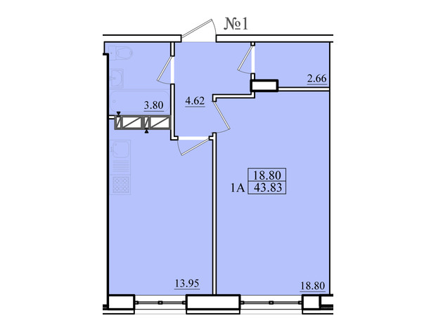 ЖК Морський: планування 1-кімнатної квартири 43.83 м²