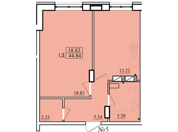 ЖК Морской: планировка 1-комнатной квартиры 44.84 м²