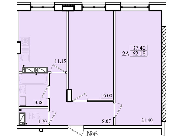 ЖК Морський: планування 2-кімнатної квартири 62.18 м²