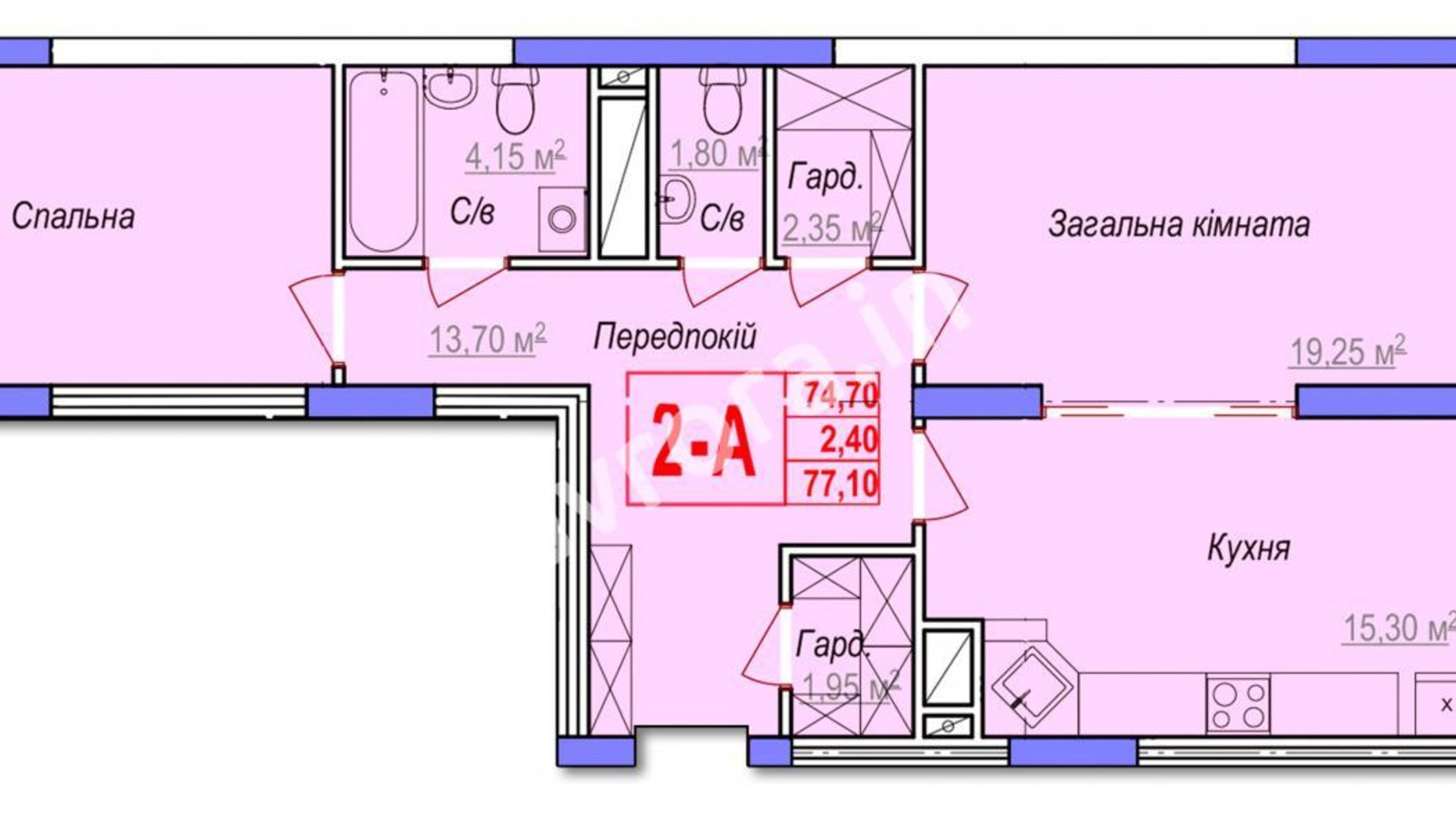 Планировка 2-комнатной квартиры в ЖК Аврора 77.65 м², фото 181076