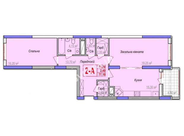 ЖК Аврора: планування 2-кімнатної квартири 77.65 м²