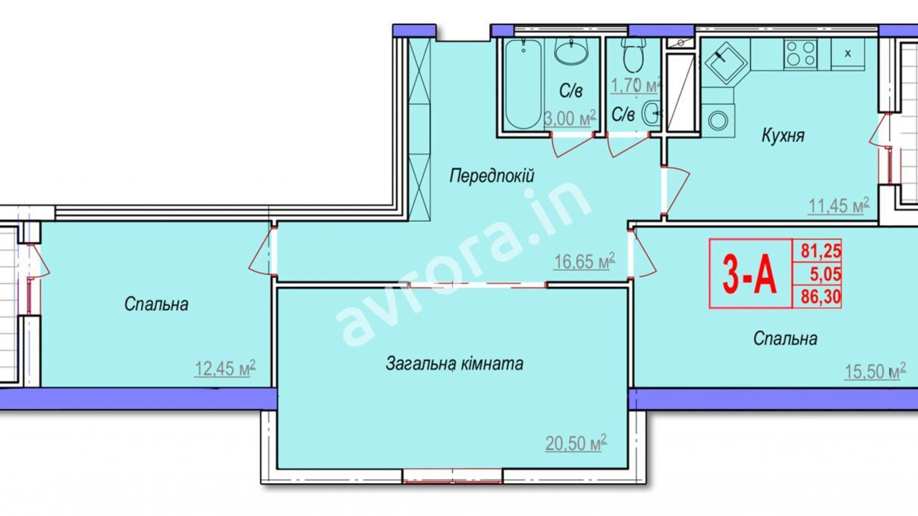 Планування 3-кімнатної квартири в ЖК Аврора 86.75 м², фото 181077