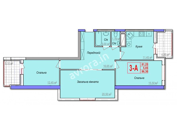 ЖК Аврора: планировка 3-комнатной квартиры 86.75 м²