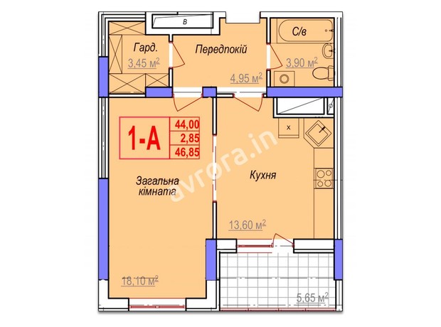 ЖК Аврора: планировка 1-комнатной квартиры 45.3 м²