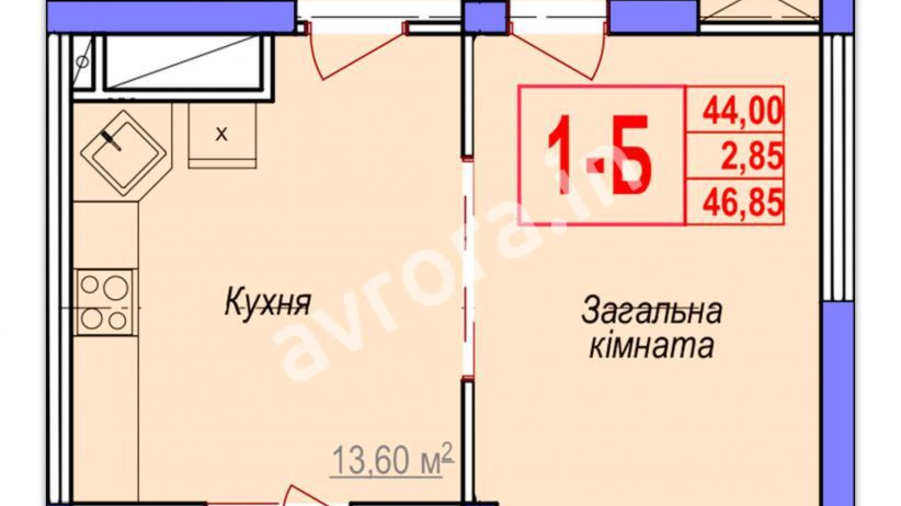 Планування 1-кімнатної квартири в ЖК Аврора 45.3 м², фото 181085