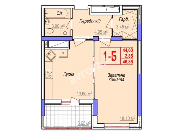 ЖК Аврора: планування 1-кімнатної квартири 45.3 м²