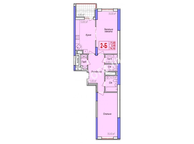 ЖК Аврора: планування 2-кімнатної квартири 74.65 м²