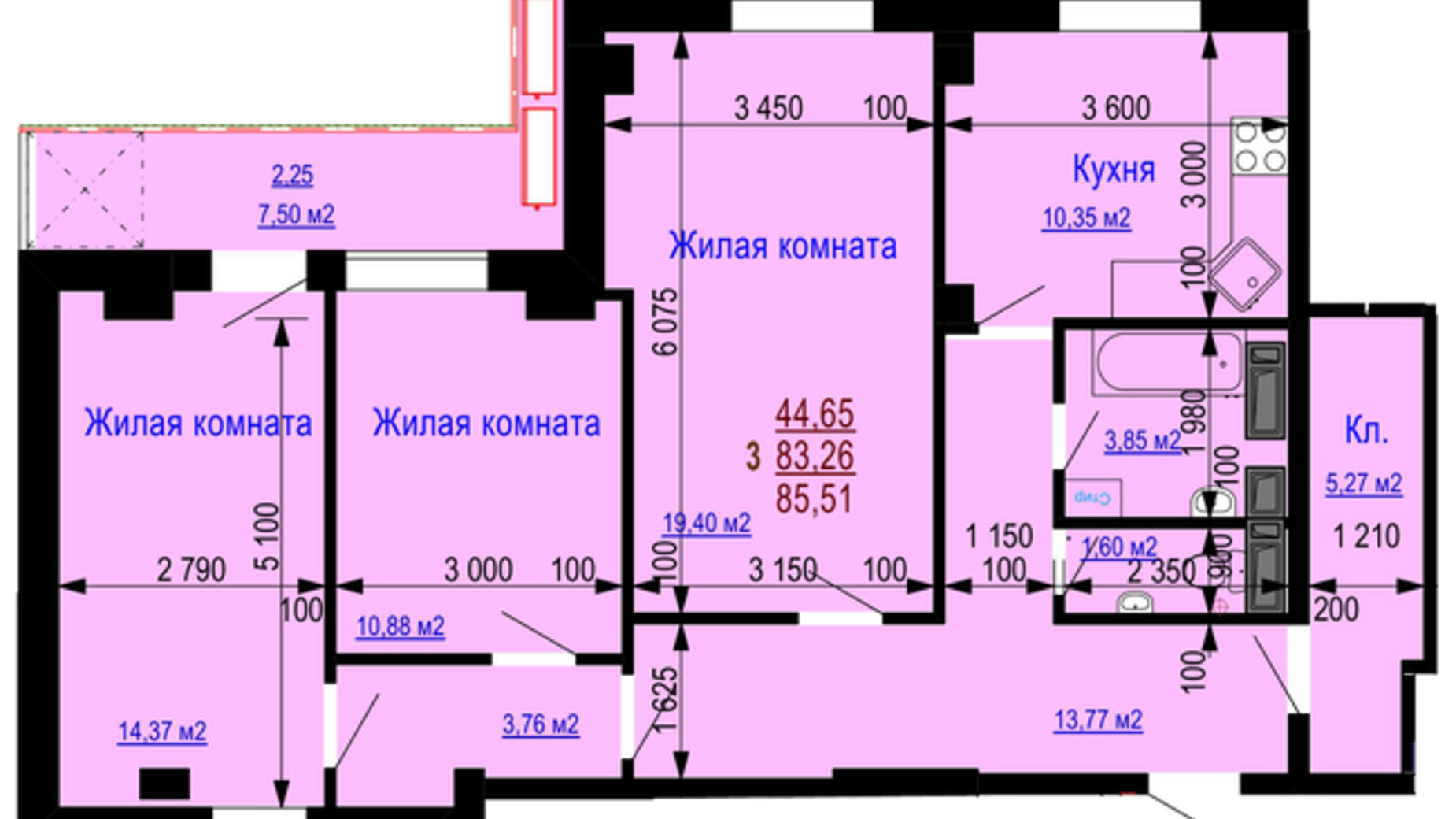 Планування 3-кімнатної квартири в ЖК Будинок на Зерновій 85.51 м², фото 181172