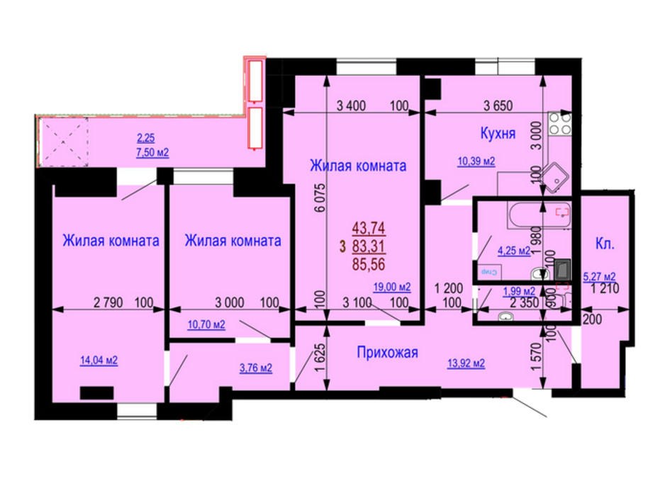 Планування 3-кімнатної квартири в ЖК Дім на Зерновій 85.56 м², фото 181173 Планування 3-кімнатної квартири в ЖК Дім на Зерновій 85.56 м², фото 181173