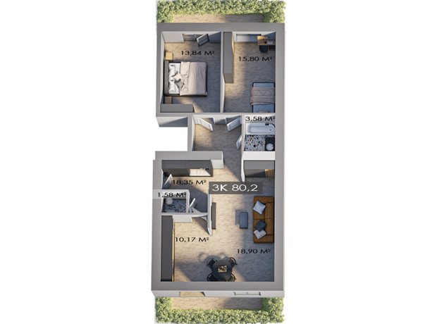 ЖК Клубный городок 12: планировка 3-комнатной квартиры 89.3 м²