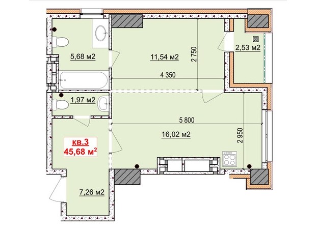 ЖК Славія: планування 1-кімнатної квартири 45.68 м²