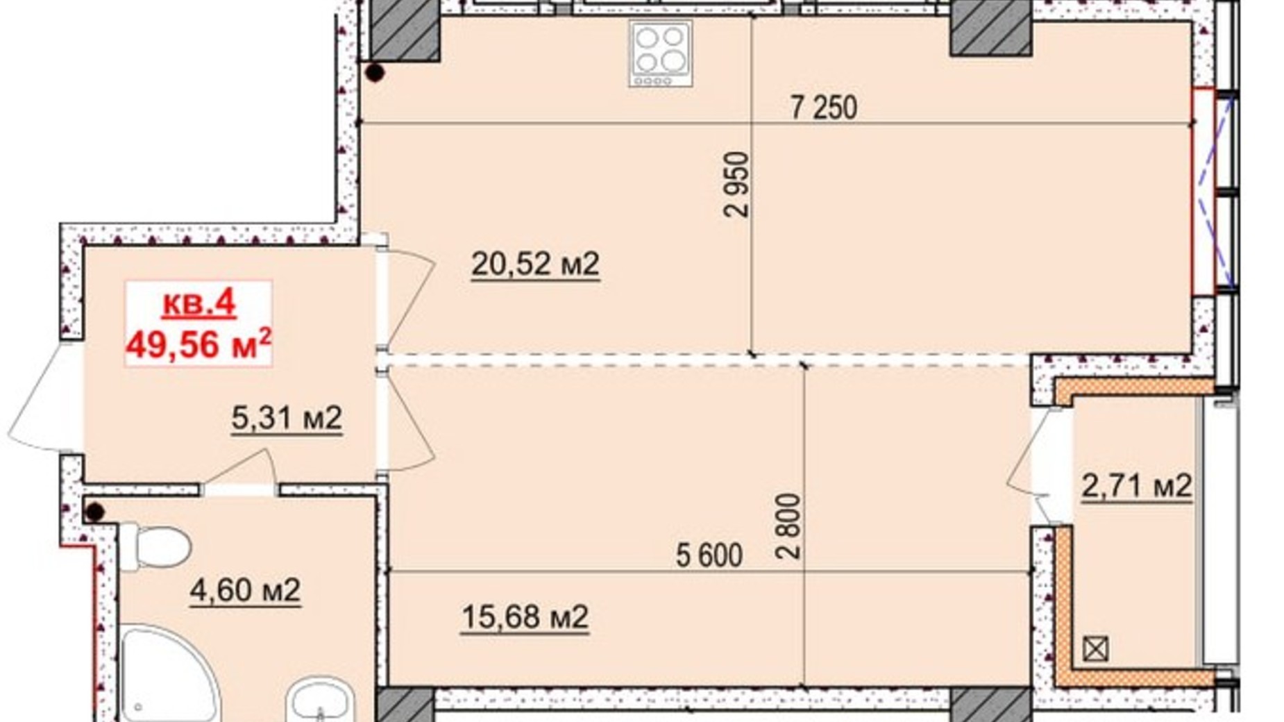 Планування 1-кімнатної квартири в ЖК Славія 49.56 м², фото 181550