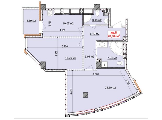 ЖК Славия: планировка 2-комнатной квартиры 78.34 м²