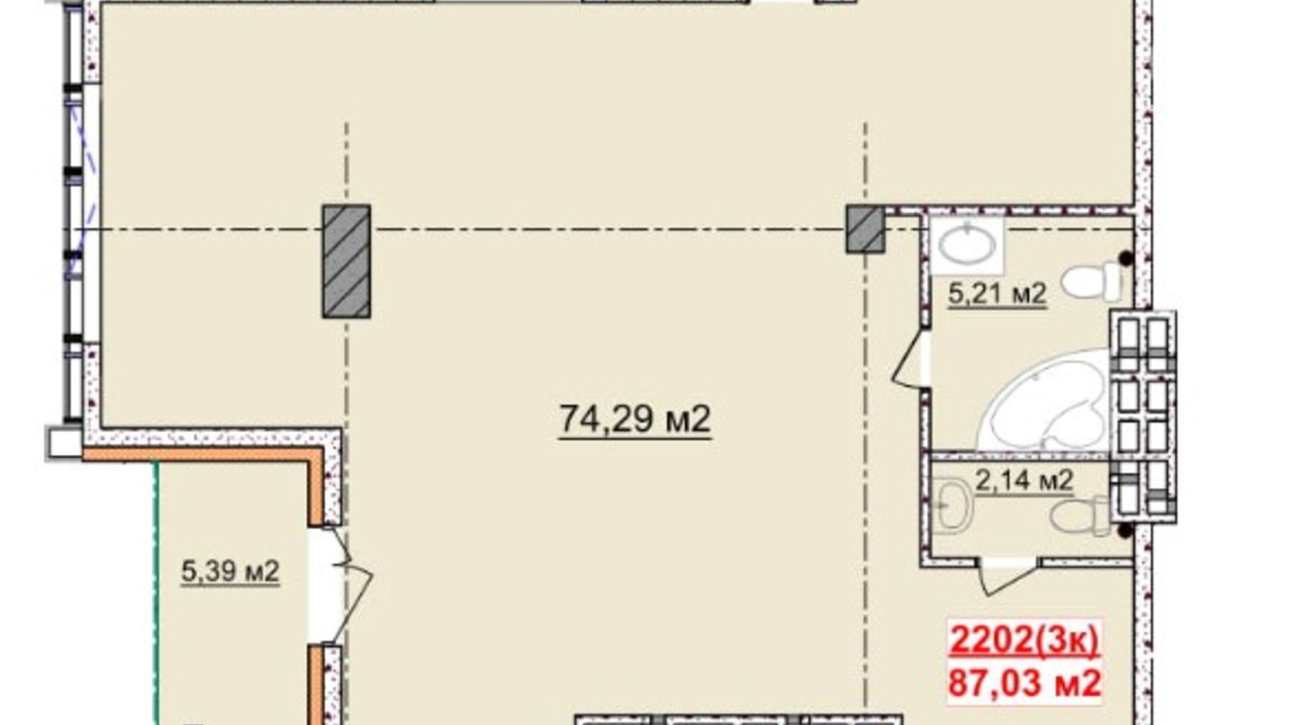 Планировка 3-комнатной квартиры в ЖК Славия 87.03 м², фото 181566