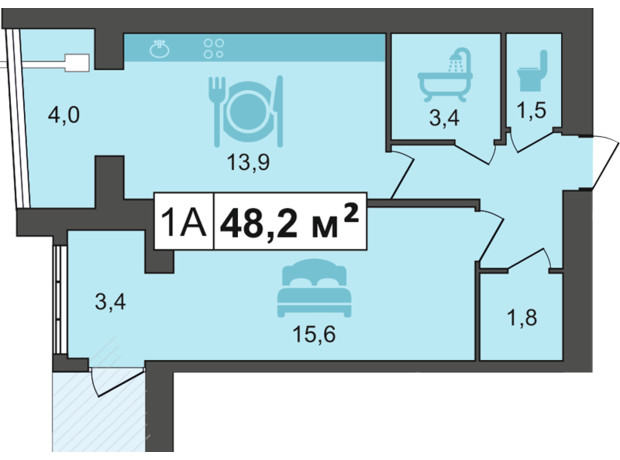 ЖК PodilSky: планировка 1-комнатной квартиры 51 м²