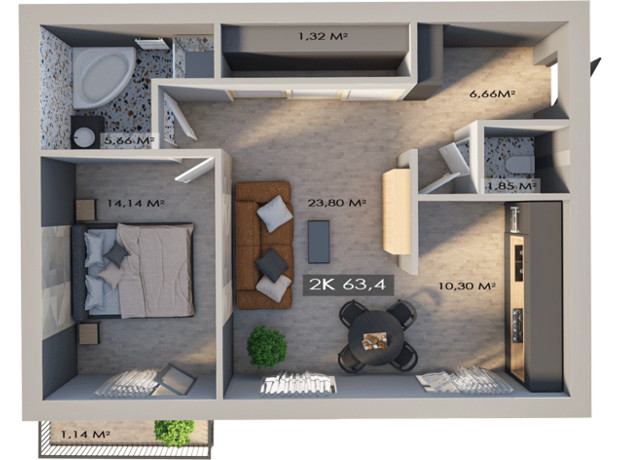 ЖК Клубне містечко 12: планування 2-кімнатної квартири 63.4 м²