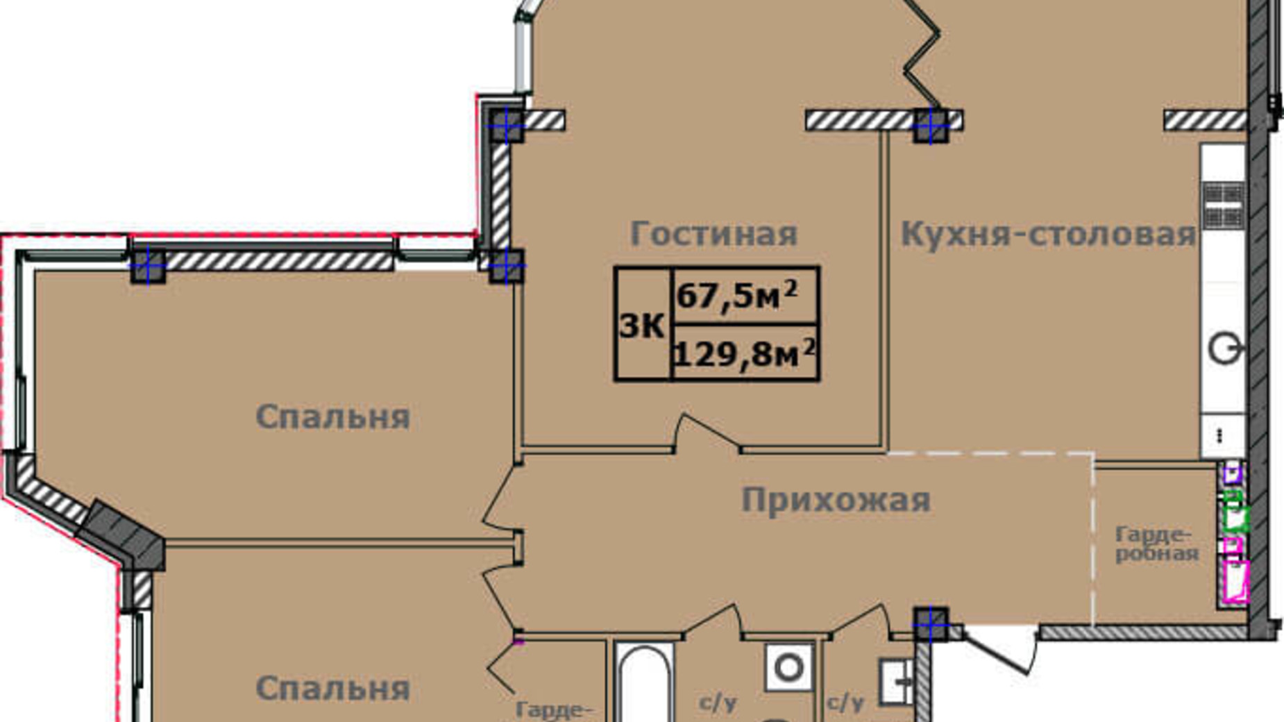 Планування 3-кімнатної квартири в ЖК Comfort City Рибінський 129.8 м², фото 181716