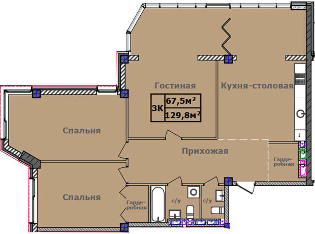 ЖК Comfort City Рыбинский: планировка 3-комнатной квартиры 129.8 м²