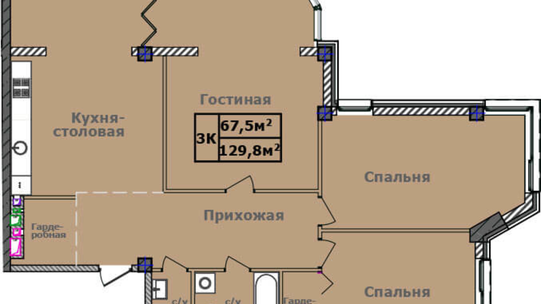 Планировка 3-комнатной квартиры в ЖК Comfort City Рыбинский 129.8 м², фото 181737