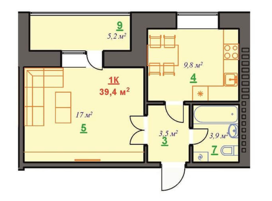 Планировка 1-комнатной квартиры в ЖК Юбилейный 39.4 м², фото 182110 Планировка 1-комнатной квартиры в ЖК Юбилейный 39.4 м², фото 182110