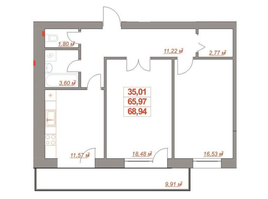 Планировка 2-комнатной квартиры в ЖК Юбилейный 69 м², фото 182112 Планировка 2-комнатной квартиры в ЖК Юбилейный 69 м², фото 182112
