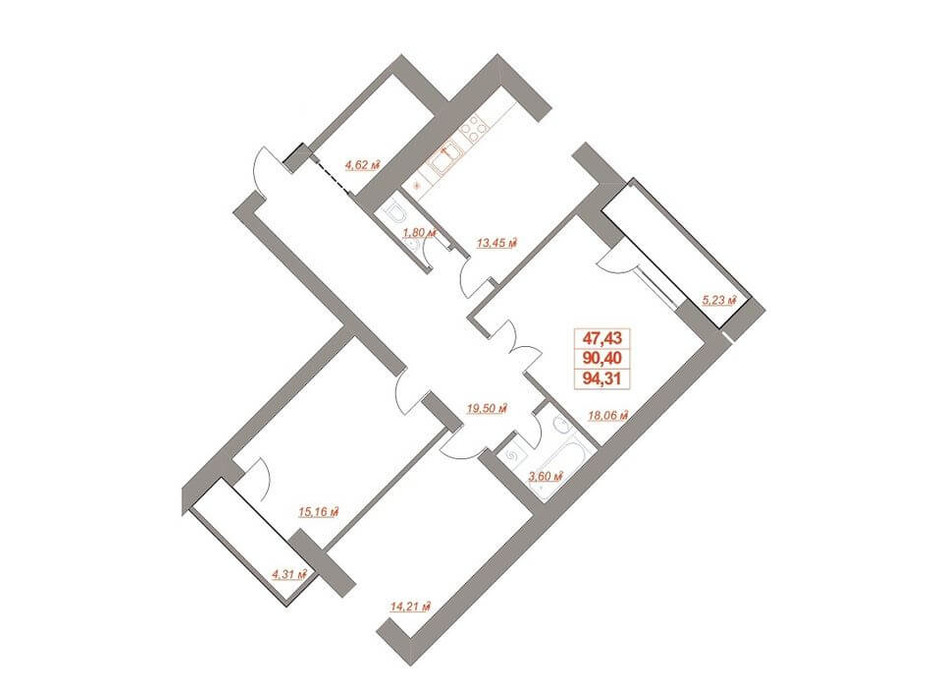 Планировка 3-комнатной квартиры в ЖК Юбилейный 95.79 м², фото 182113 Планировка 3-комнатной квартиры в ЖК Юбилейный 95.79 м², фото 182113