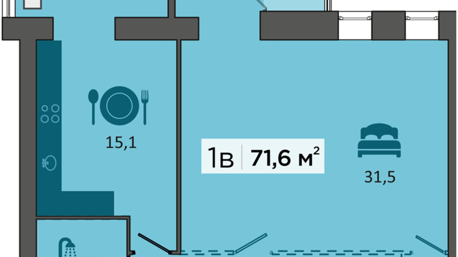 Планування 1-кімнатної квартири в ЖК Дубініна 71.6 м², фото 183067