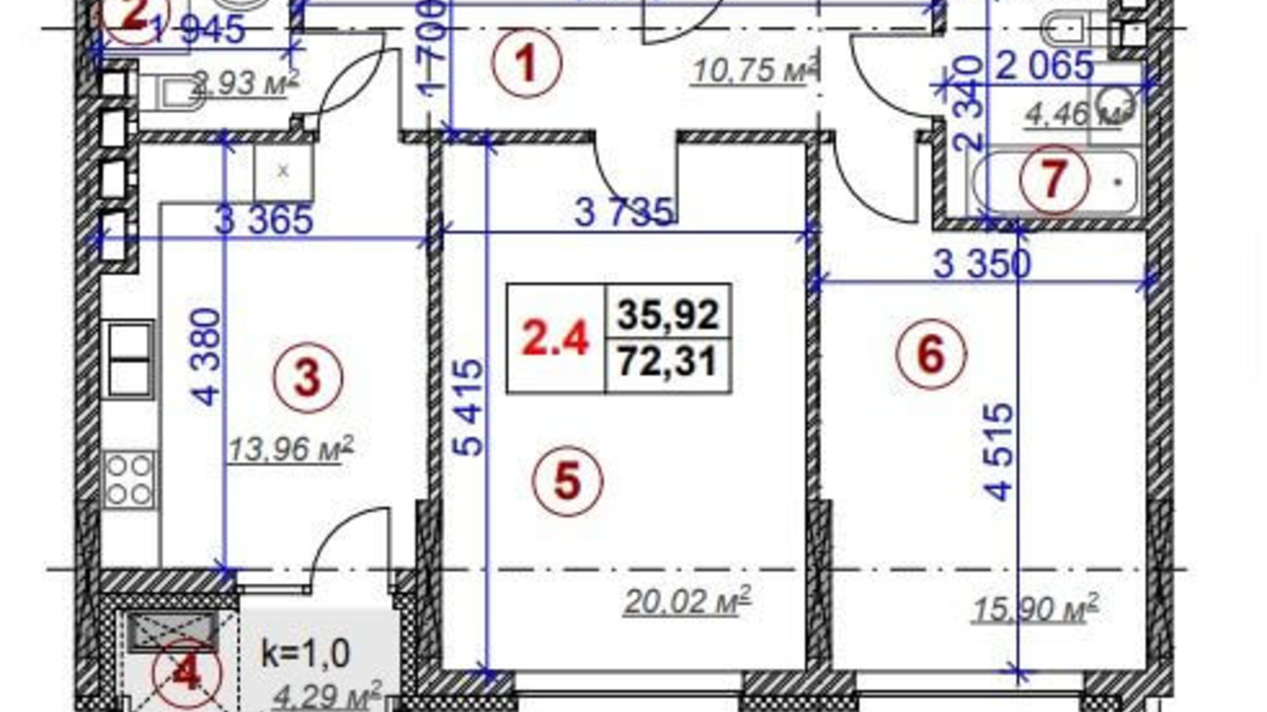 Планування 2-кімнатної квартири в ЖК Ярославів Град 72.31 м², фото 183420