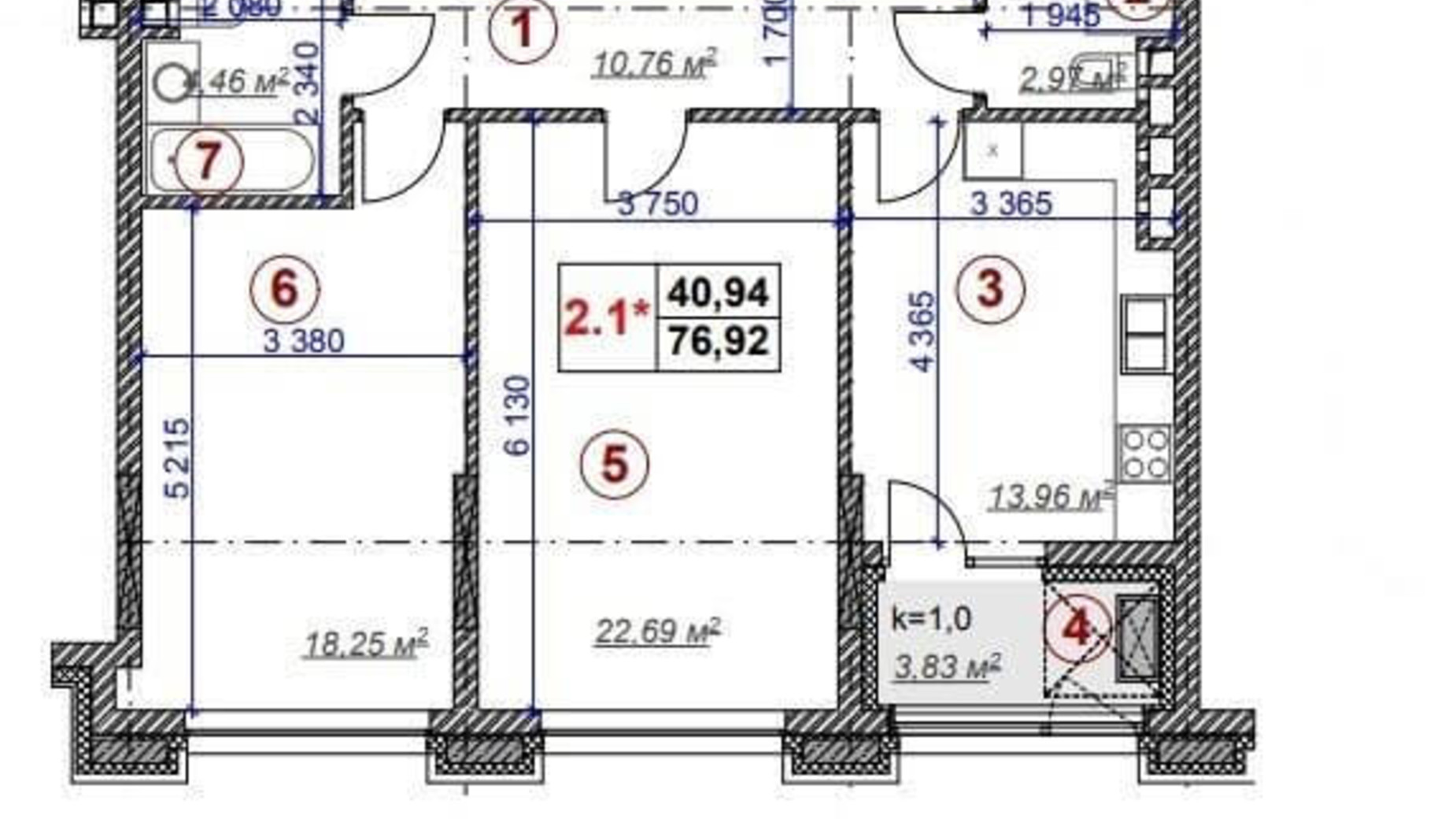 Планировка 2-комнатной квартиры в ЖК Ярославов Град 76.92 м², фото 183421