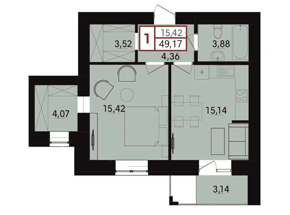 Планировка 1-комнатной квартиры в ЖК Вишневый 49.17 м², фото 183425 Планировка 1-комнатной квартиры в ЖК Вишневый 49.17 м², фото 183425