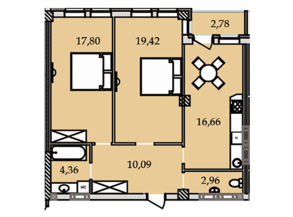 Планування 2-кімнатної квартири в ЖК Premier Tower 74.2 м², фото 184452 Планування 2-кімнатної квартири в ЖК Premier Tower 74.2 м², фото 184452