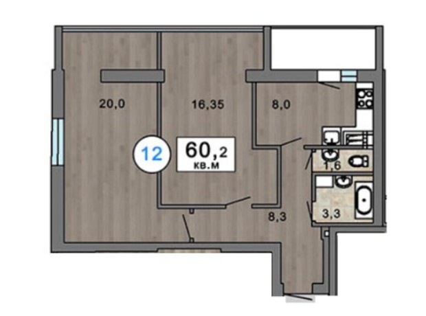 ЖК Клубний 7: планування 2-кімнатної квартири 75.5 м²