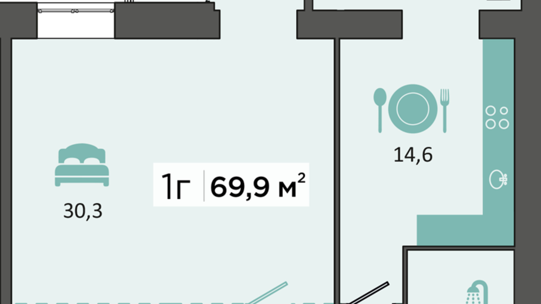 Планування 1-кімнатної квартири в ЖК Дубініна 69.9 м², фото 184964