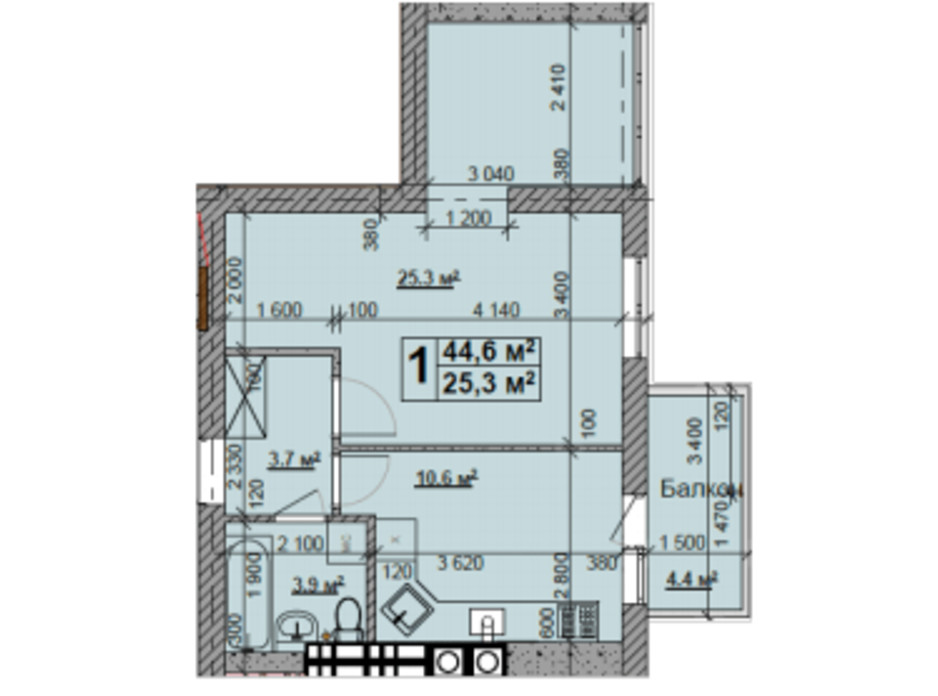 Планування 1-кімнатної квартири в ЖК Нова Конча-Заспа 44.6 м², фото 185173 Планування 1-кімнатної квартири в ЖК Нова Конча-Заспа 44.6 м², фото 185173
