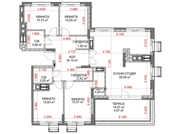 ЖК Riverside: планування 4-кімнатної квартири 118.5 м²