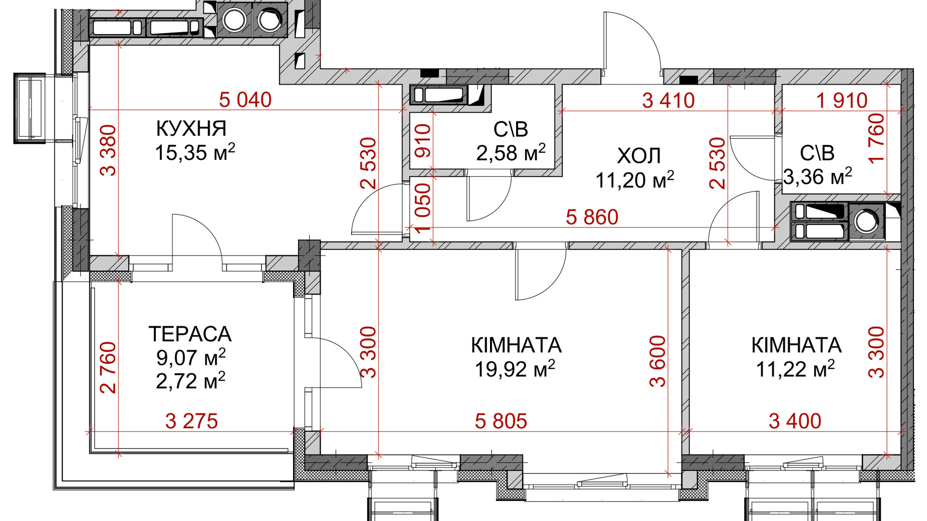 Планування 2-кімнатної квартири в ЖК Riverside 63.63 м², фото 185578