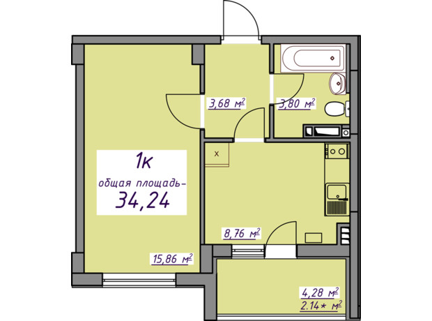 ЖК Седьмое небо: планировка 1-комнатной квартиры 34.24 м²