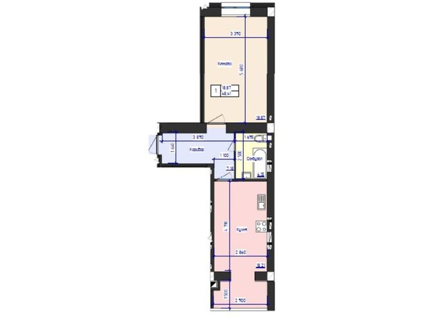 ЖК Кришталеве Озеро: планування 1-кімнатної квартири 48.41 м²