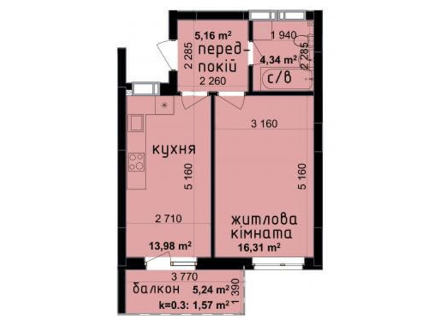 ЖК Кришталеві джерела: планировка 1-комнатной квартиры 41.36 м²