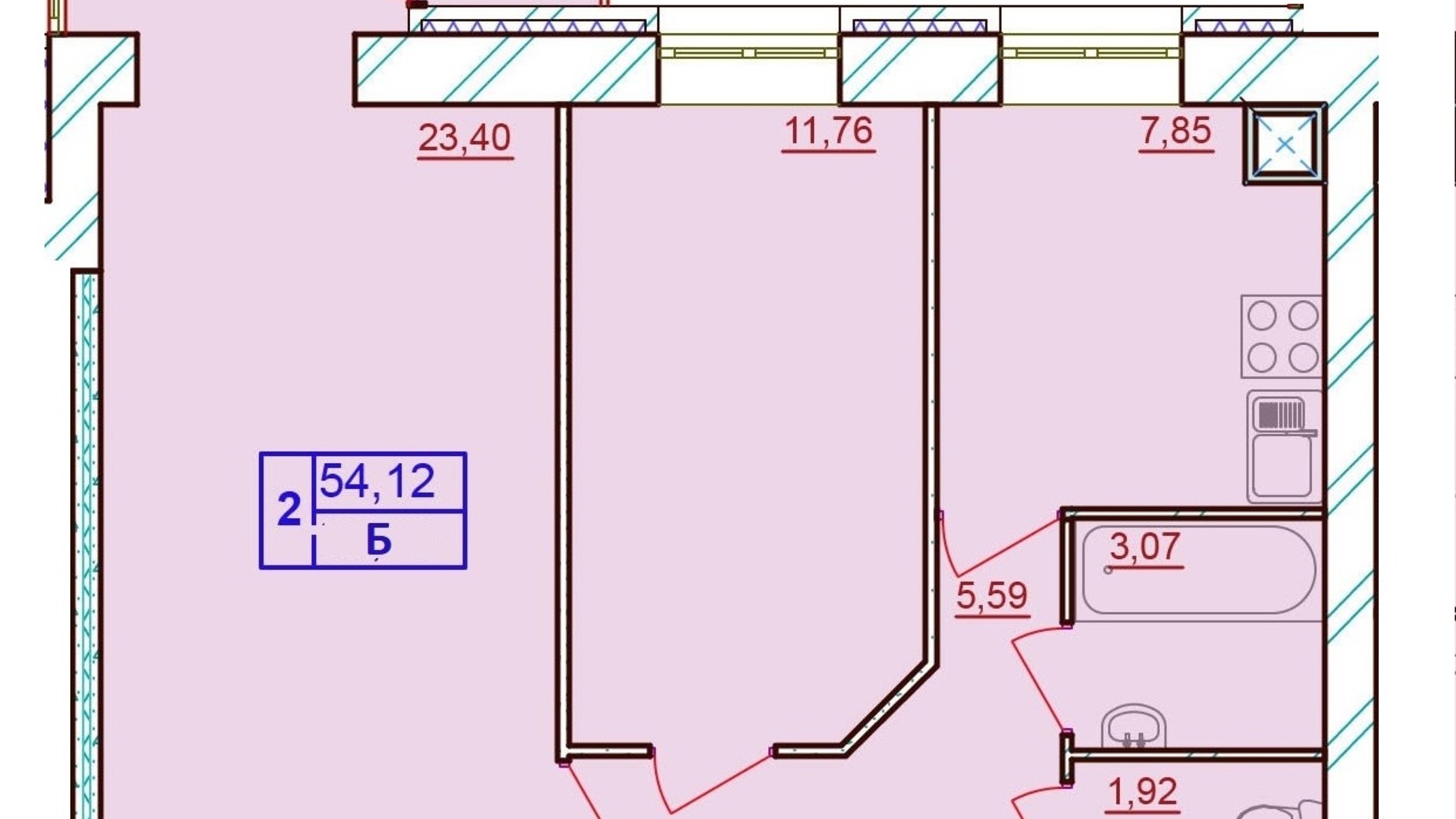 Планировка 2-комнатной квартиры в ЖК Европейский Двор 54.12 м², фото 187225