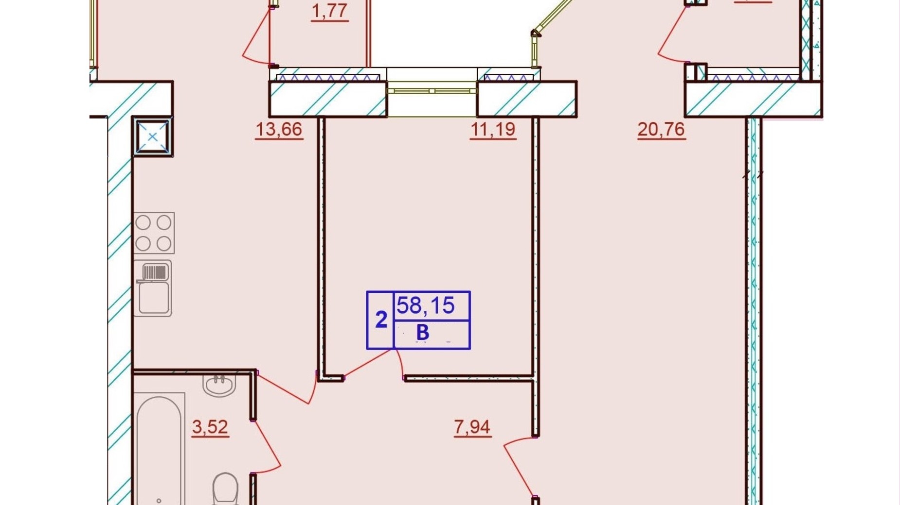 Планировка 2-комнатной квартиры в ЖК Европейский Двор 58.15 м², фото 187228