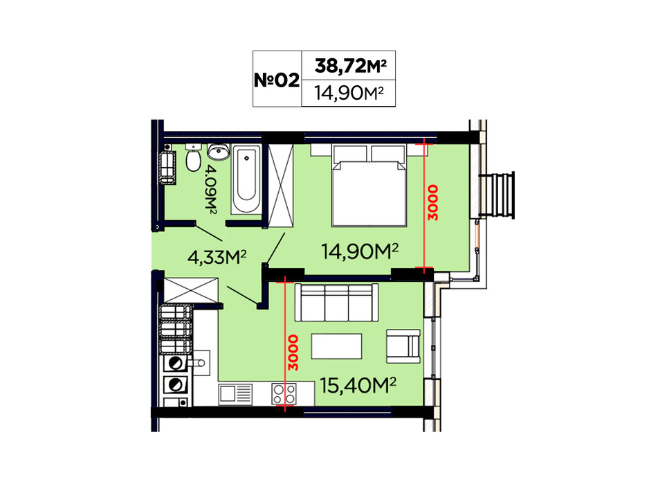 Планування 1-кімнатної квартири в ЖК Щасливий 38.72 м², фото 188082 Планування 1-кімнатної квартири в ЖК Щасливий 38.72 м², фото 188082