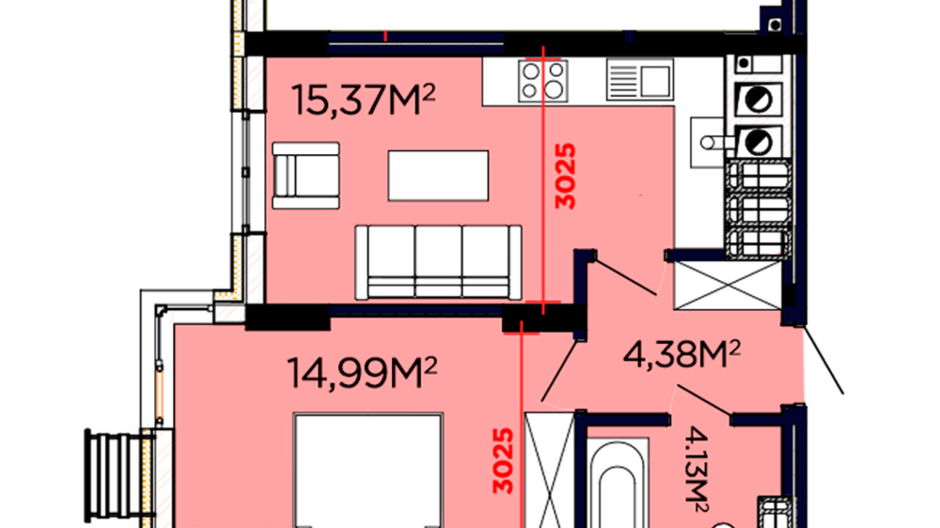 Планировка 1-комнатной квартиры в ЖК Щасливий 38.87 м², фото 188083