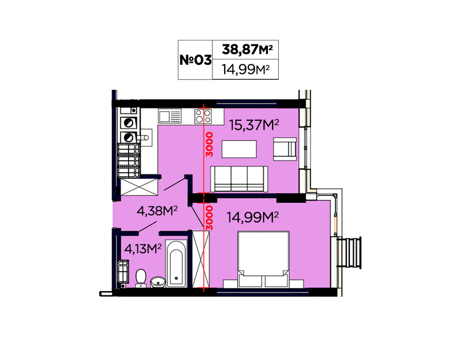 Планування 1-кімнатної квартири в ЖК Щасливий 38.87 м², фото 188084 Планування 1-кімнатної квартири в ЖК Щасливий 38.87 м², фото 188084