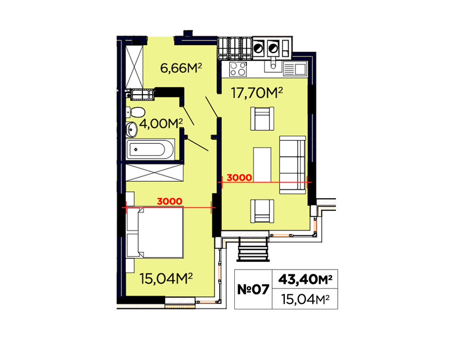 Планування 1-кімнатної квартири в ЖК Щасливий 43.04 м², фото 188088 Планування 1-кімнатної квартири в ЖК Щасливий 43.04 м², фото 188088