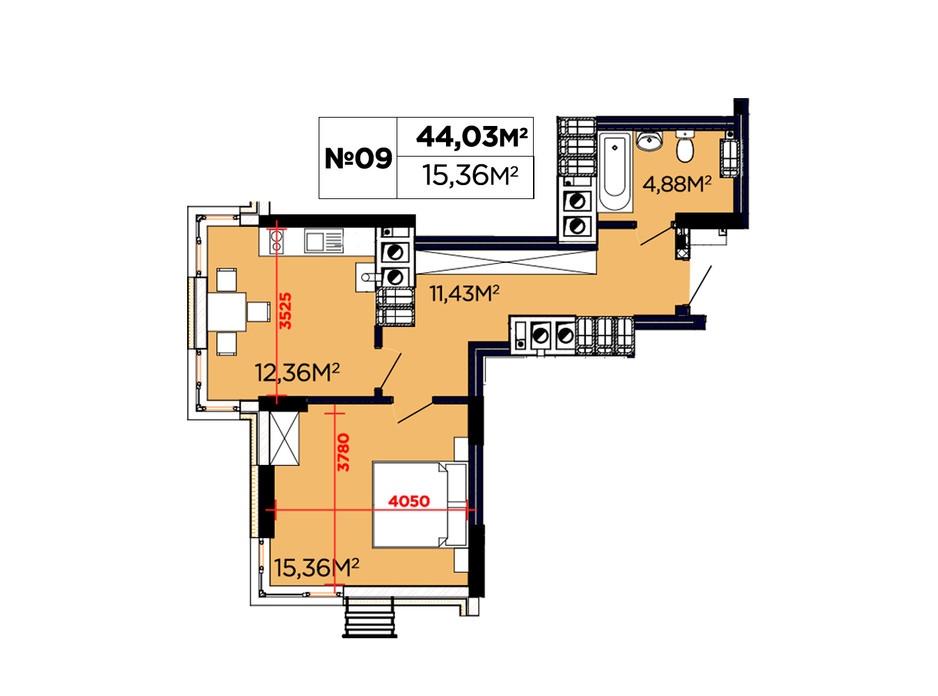 Планування 1-кімнатної квартири в ЖК Щасливий 44.03 м², фото 188089 Планування 1-кімнатної квартири в ЖК Щасливий 44.03 м², фото 188089
